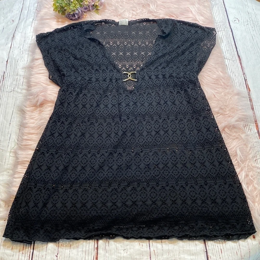 BECCA Swimwear Mesh Short Sleeve Swim Coverup Dress Black sz M-L